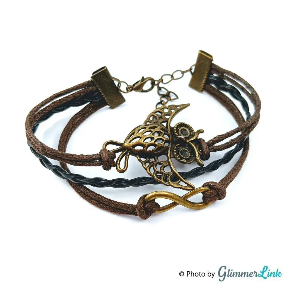 Multi Strand Faux Leather Owl Charm Infinity Bracelet